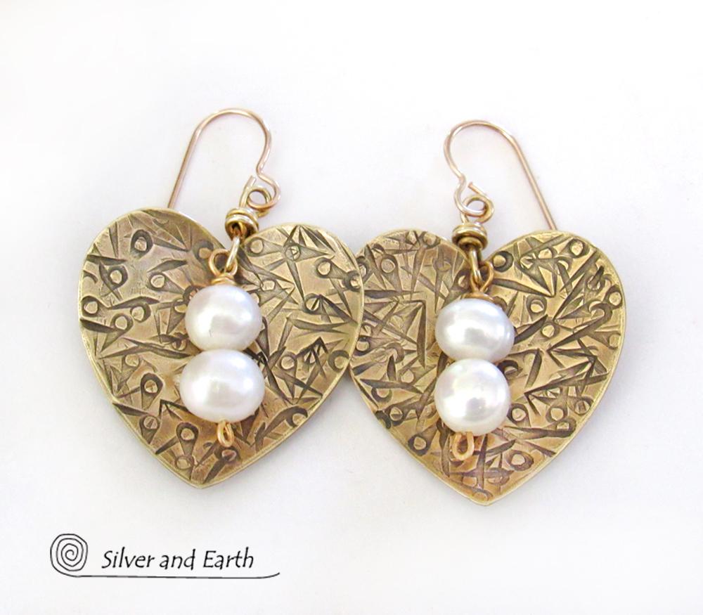 Gold Brass Heart Earrings with Pearls Anniversary Gifts for Women